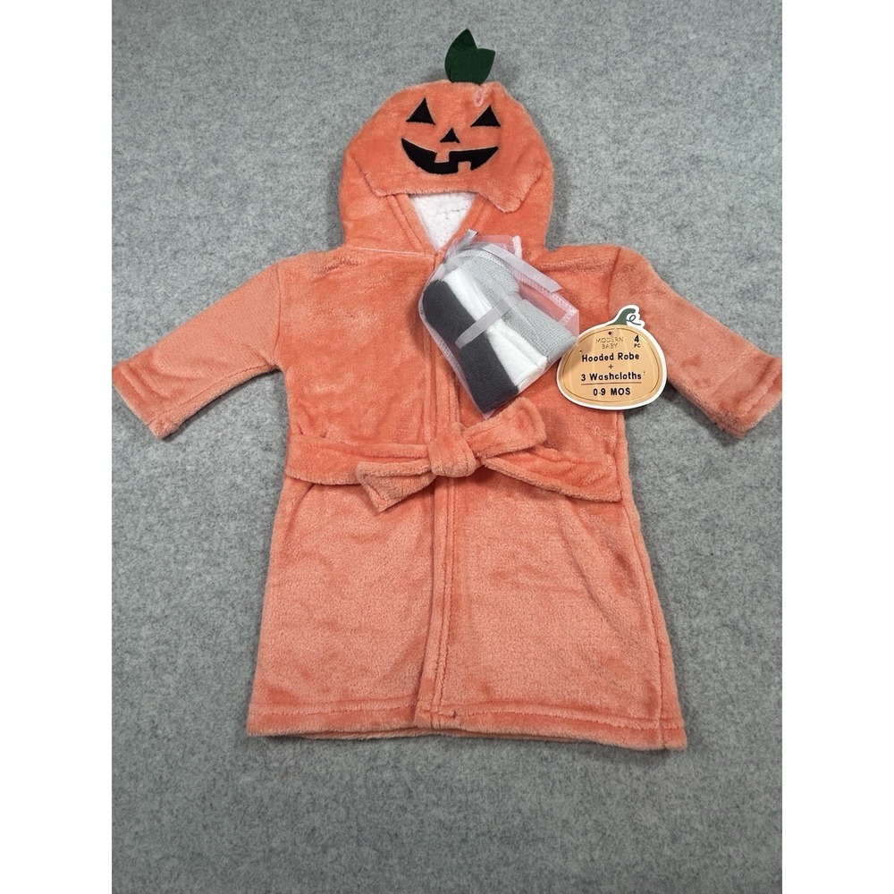 Modern Baby Pumpkin Robe Hooded Bath Set 3 Washcloths Orange Black 0-9 Months